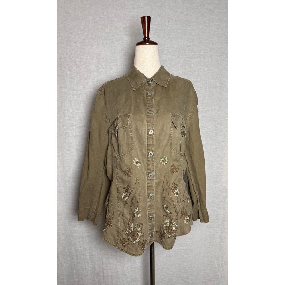 Weekend Max Mara Olive / Khaki Linen Embroidered Utility Button Down Shirt